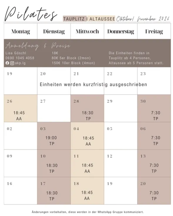 Pilates-Kursplan Oktober/November 2026 mit den Terminen in Tauplitz, Altaussee