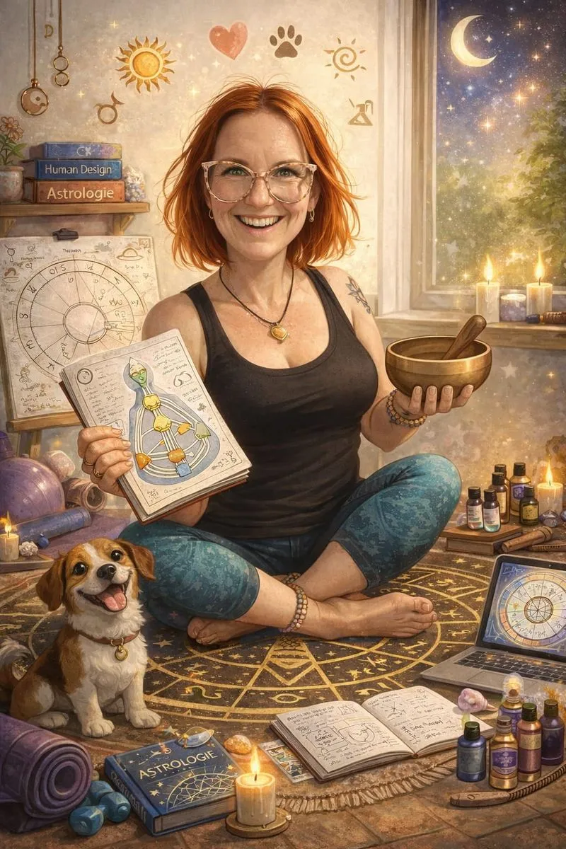 KI generierters Bild von Lisa, wo sie in der rechten Hand ein Bodygraphausdruck und in der linken Hand eine Klangschale hält. Sie sitz im Schneidersitz in Mitten von Utensilien die sie in ihrer Arbeit verwendet, wie zum Beispiel ätherische Öle, Bücher von Humandesign/ Astrologie, Kerzen und vieles mehr.