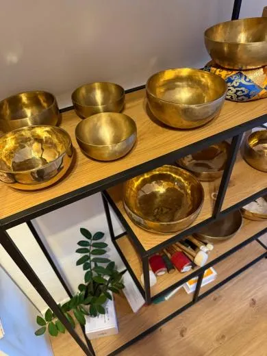 Ein Regal voller Klangschalen, elf Stück, Schlägel und einer Pflanze.